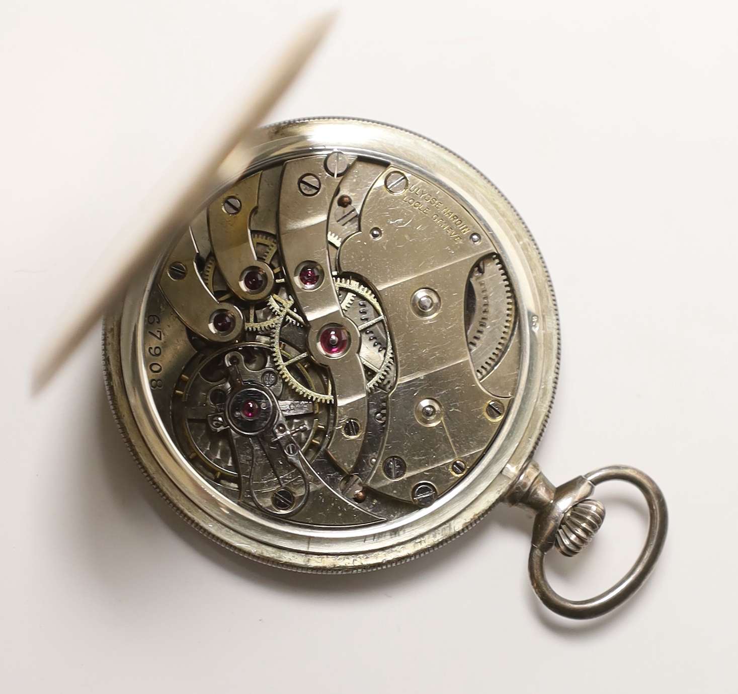 A Swiss 900 standard white metal cased Ulysse Nardin keyless open face dress pocket watch, with Arabic dial and subsidiary seconds, cased diameter 45mm.